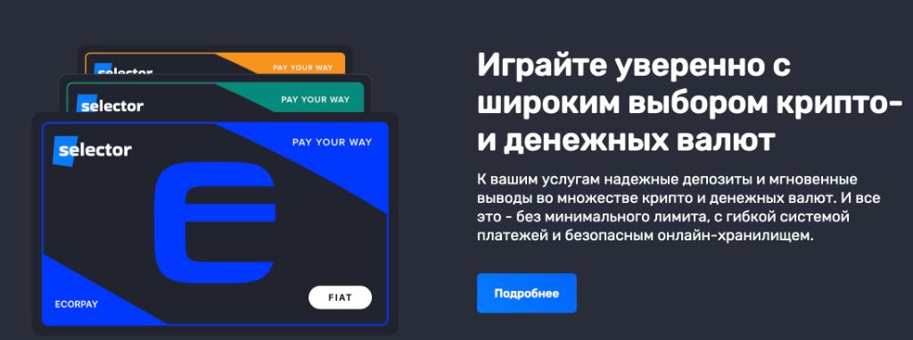 Оплата в Casino Selector — крипто и денежные валюты, ECORPAY, широкий выбор